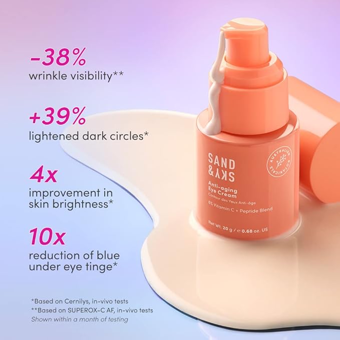 Sand & Sky Vitamin C Eye Cream Under Eye Patches Dark Circles Treatment - Peptides Hyaluronic Acid Eye Cream Anti Aging Under Eye Brightener, Eye Cream for Puffiness and Bags