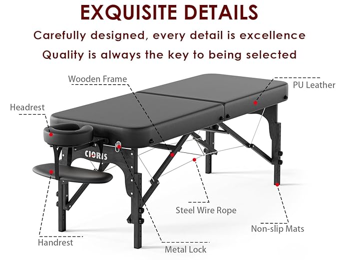 CLORIS 84" Professional Massage Table Portable Reinforced Wooden Leg 2 Folding Lightweight Spa Salon Tattoo Massage Bed Height Adjustable Hold Up to 1100LBS with Carrying Bag Black