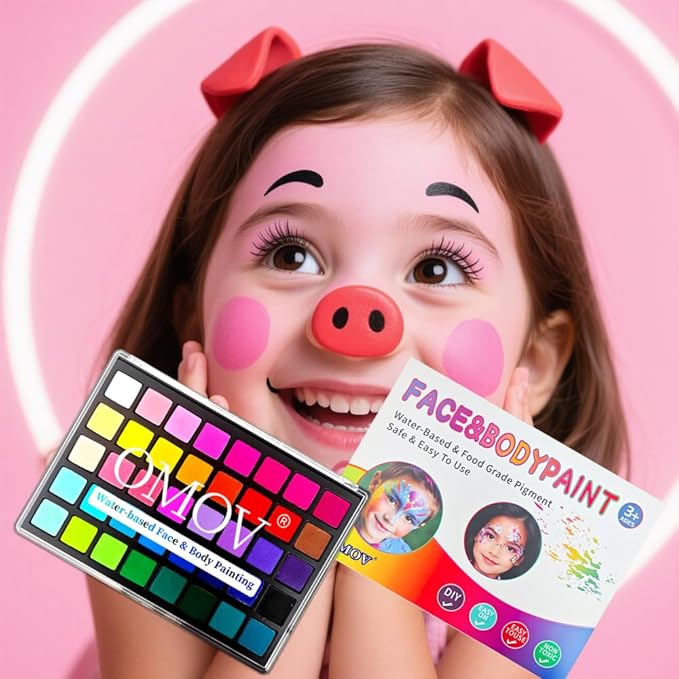 Face Painting Kit for Kids, 40 Colors Non-Toxic Water Activated Face Paint Palette, Facepaint Makeup Kit with Stencils, Brushes, Gems,for Halloween,Christmas, Birthday Parties, Carnival, School Event