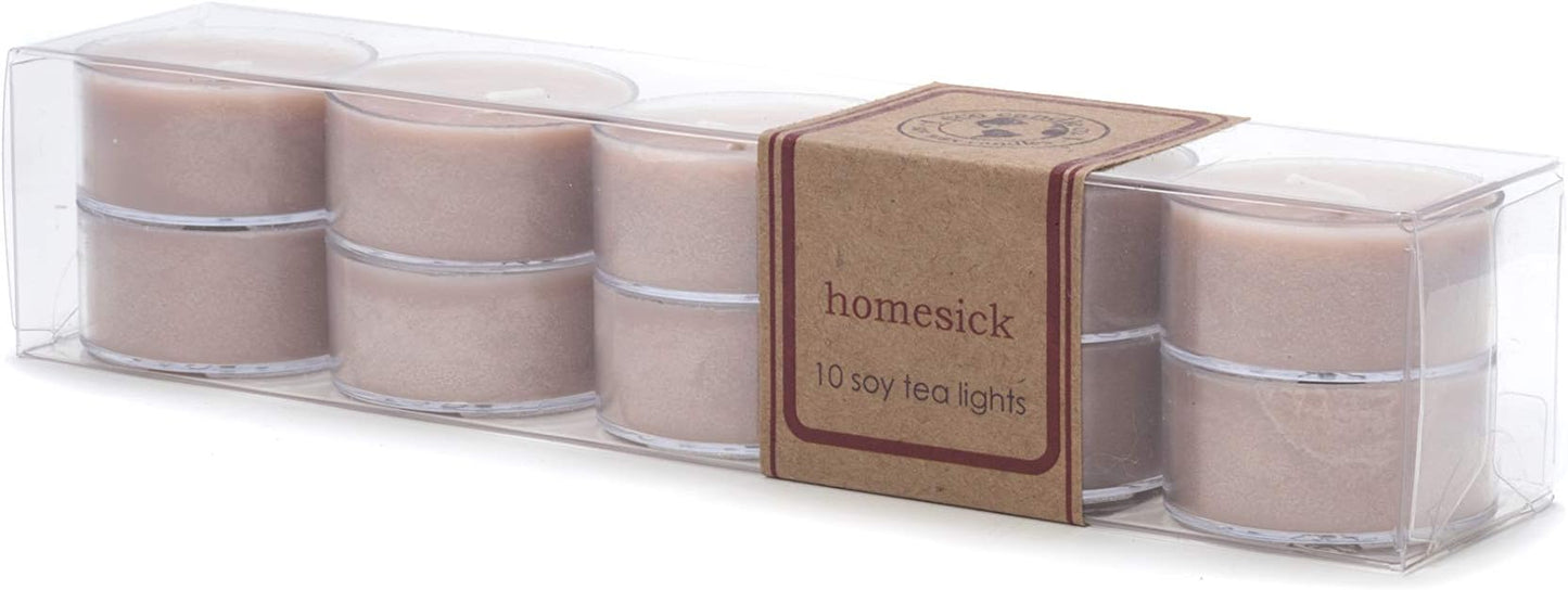 Eco Candle Co. Homesick Tea Light Candles, 10-Pack, 9 Hr Burn Time | Scents of Apples, Sugar, Butter, & Spices - Recyclable Plastic Cups, No Lead, Hand Poured, Midwest Grown Soybeans, .6 oz. Ea