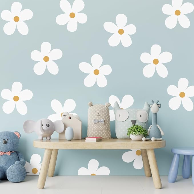 TaoBary 12 Sheet Daisy Wall Sticker Decal,White, Yellow,Charming Style | Big Flower Wall Sticker, Pink White Floral Decal, Daisy Bedroom Room Decor, Removable Peel and Stick, Nursery Home Wall Decor