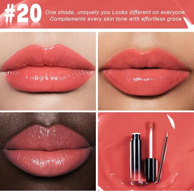 evpct Coral Nude Pink Shiny Glossy Longwear No-Budge Liquid Lip Color Lipstick Makeup, Highly Pigmented Color Instant Shine, Waterproof Long Lasting Lipstick Women Lip Stain Gloss with Lip Liner Brush