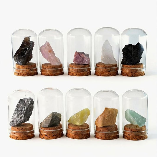 Healing Crystal Rough Stone Set, paired with Glass Bottle Accessories, with Diverse Styles and inconsistent Stones. The Pictures are for Reference only. The Stones Inside are Different.