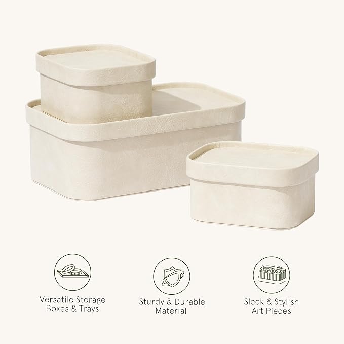 La Jolie Maison Faux Leather Decorative Storage Baskets, Ivory 3 Pack | PU Leather Stroage Boxes with Lids, Organizer for Jewelry and Vanity, Shelves, Drawers, Bedroom & Closet Storage Memory Box