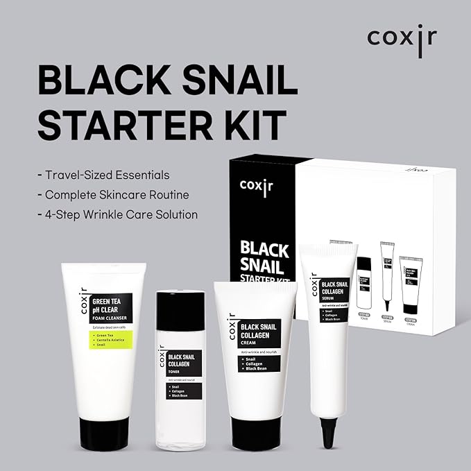 coxir Black Snail Collagen Starter Kit – Cleanser, Toner, Serum & Cream | Repairing Snail Mucin Skincare Set, Hydrating Korean Beauty Routine for Women (4-Piece)