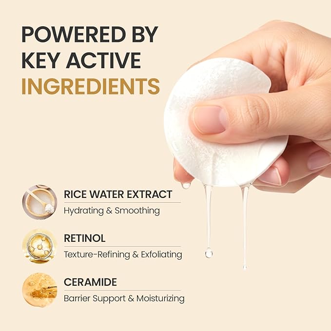 Toner Pads for Dry Dull Sensitive Skin Korean, #OOTD Retinol Ceramides Strengthen Skin Barrier Smoothing Hydrating, Toner Pad 70Pads 4.05oz 120ml