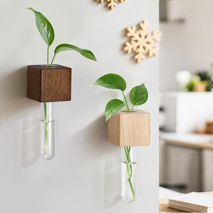 Magnetic Test Tube Flower Vases for Refrigerator, Set of 2 | Wooden magnetic vases in light and dark finishes for fresh cuttings and plant propagation. Plant not included. ﻿