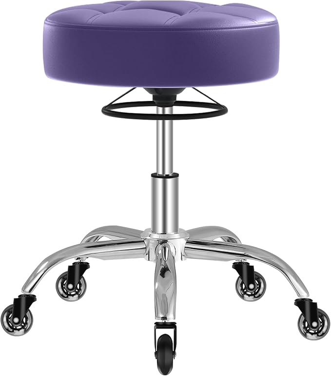 YEEZEE Heavy Duty 400lb Rolling Stool: Super Soft Leather Seat Cushion, 360 Swivel, Height Adjustable, No Squeak, No Tip Over, Salon & Spa Stool, Purple