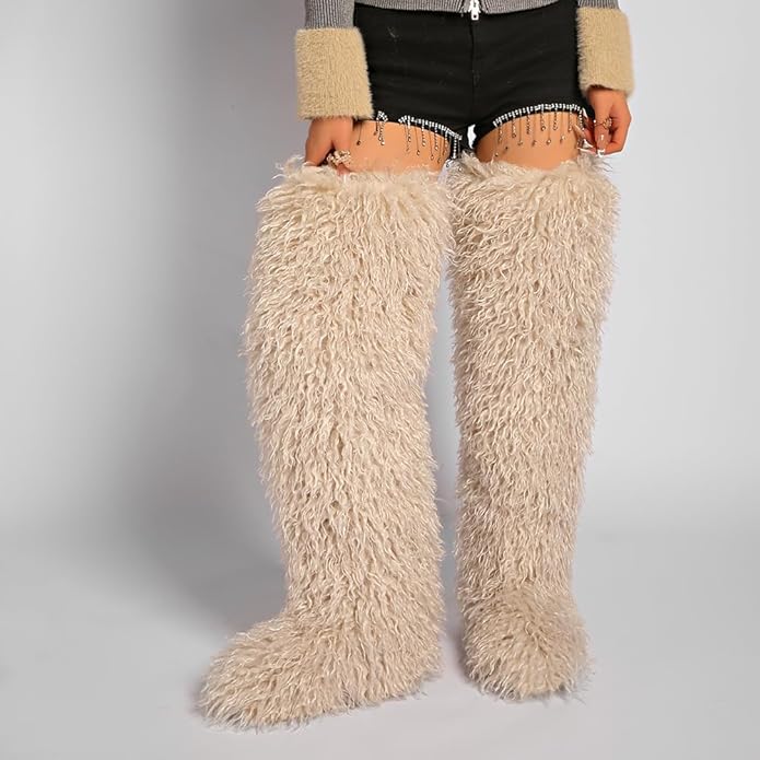 SWEETHEART BEAUTY Thigh High Shagy Teddy Fur Boots, 29 Inch Over the Knee Length Fluffy High Boots, Tall Furry Shoes For Women