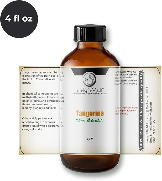 Tangerine Essential Oil, Citrus Reticulata, Cold Pressed Citrus Peel Oil, Sweet Citrus Aroma for Aromatherapy, Diffuser, Massage, Skin Care, Natural Fragrance Oil for Blends – 4 Fl oz