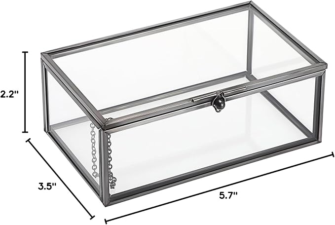 Hipiwe Vintage Glass Keepsake Box Clear Jewelry Display Lidded Box with Lid | Rectangle Glass Box Organizer for Home Decor and Storage of Trinket Rings Bracelet - Black, Small