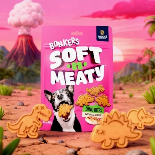 Bonkers Soft & Meaty Chicken Flavor Biscuit Dinosaur Shaped Treats for Dogs 5.6 oz (Pack of 2) with Bone Waste Bag Dispenser & Free Roll