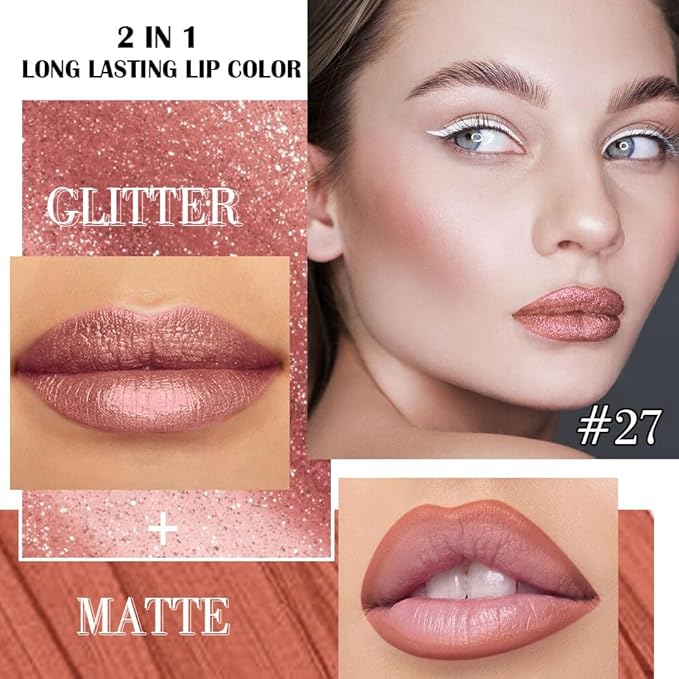 evpct Nude Gold Metallic Glitter Lip Liner and Lipstick Combo Lip Gloss Stain Set Makeup for Women Long Lasting Waterproof 24, Nude Gold Metallic Shimmer Frosted Iridescent Glossy Liquid Lipstick 27