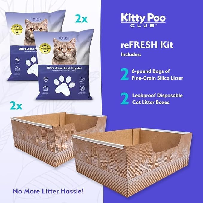 Kitty Poo Club Disposable Cat Litter Box 2-Pack, Fine-Grain Silica | Two 6 lb Bags, Low-Dust Crystals, Monthly Fresh-Start Setup, Leak-Proof Base for Road Trips, Hotels, RVs, and Multi-Cat Use