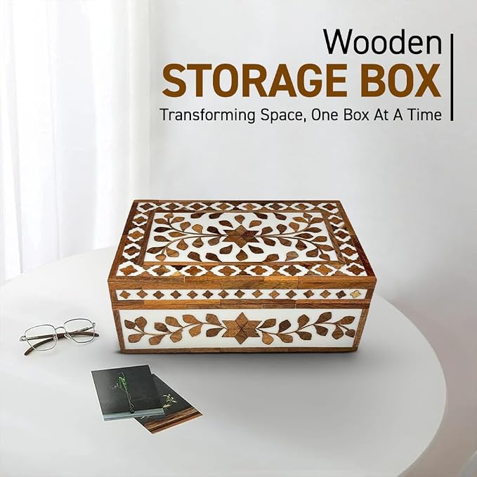 Perilla Home Home Decor Decorative Storage Wooden Box Small Floral Organizer Tool Stash Card Craft Treasure Trinket Memory Keepsake Jewelry Box for Men and Women, Gifts For All, Brown and Off White