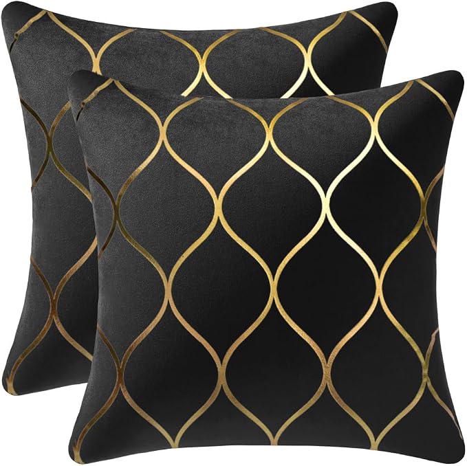 20x20 Inch Gold Velvet Throw Pillow Covers: 2 Pack Square Decorative Pillow Cases for Bedroom Sofa Couch Living Room, Black