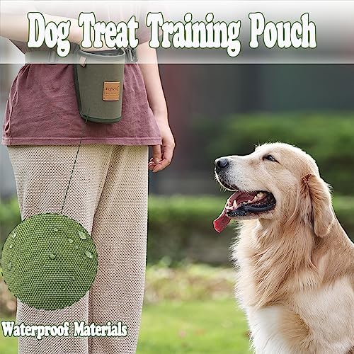 Dog Treat Training Pouch 3 Ways to Wear Elastic Leak-Proof Food Mesh Design Built-in Poop Bag Dispenser Adjustable Multifunctional Shoulder/Waist Bag for Pet Walking and Travel（Army Green ）