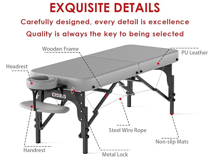 CLORIS 84" Professional Massage Table Portable Reinforced Wooden Leg 2 Folding Lightweight Spa Salon Tattoo Massage Bed Height Adjustable Hold Up to 1100LBS with Carrying Bag Grey