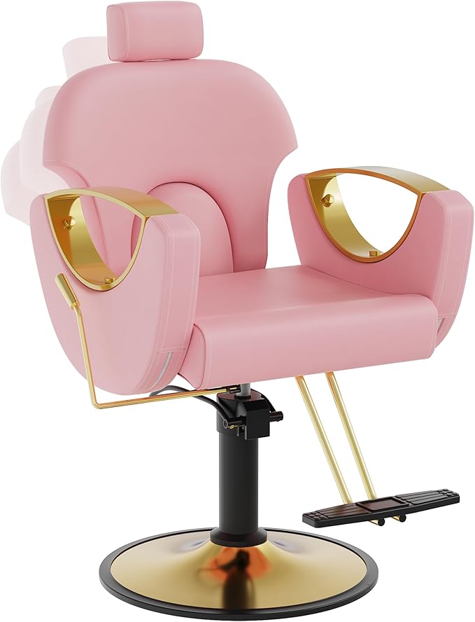 Barber Salon Chair, Reclining Hair Salon Chair, 360 Degrees Swivel Styling Chair, Height Adjustable Hydraulic Shampoo Chairs, Spa Equipment (Pink)