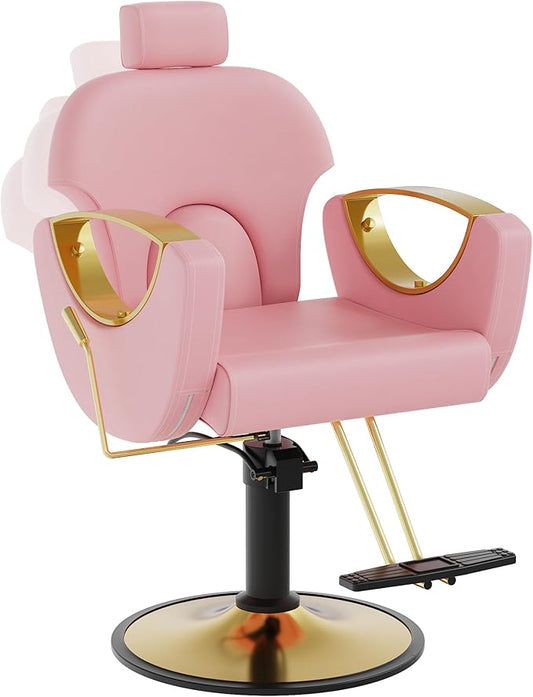 Barber Salon Chair, Reclining Hair Salon Chair, 360 Degrees Swivel Styling Chair, Height Adjustable Hydraulic Shampoo Chairs, Spa Equipment (Pink)
