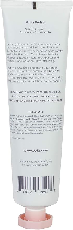 Boka Fluoride Free Toothpaste, Nano Hydroxyapatite Toothpaste, Appropriate for Sensitive Teeth - for Adult, Kids Oral Care - Coco Ginger Flavor, 4 Fl Oz 1Pk US Manufactured