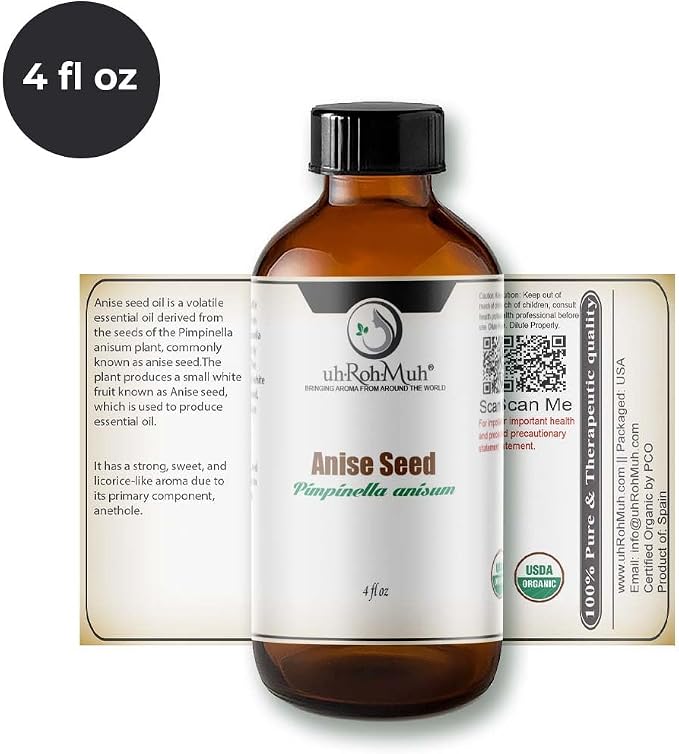 Anise Seed Organic Essential Oil - Steam Distilled Pure Pimpinella Anisum Oil for Aromatherapy, Diffusers, Soap Making, Candle Making, Cosmetic Formulations Massage DIY Personal Care - Spain - 4 Fl Oz