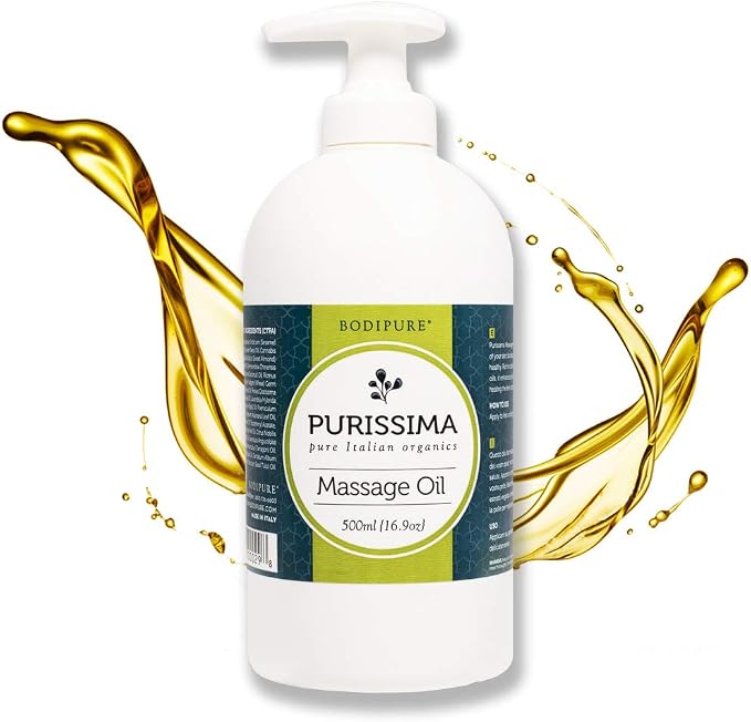BODIPURE Organic Purissima Massage Oil for Body - for Professional Massage Therapy - Rich in Cold-Pressed Vegetable and Essential Oils - Relaxing Muscles, and Joints, Made in Italy, 16.9 Ounce