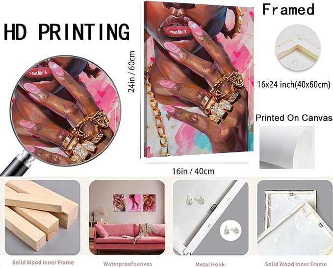 Black Girl Wall Art Set of 3 Pink Fashion Black Woman Canvas Wall Decor Pictures African American Women Paintings Home Decor Posters Prints for Living Room Bedroom Bathroom 16x24Inch Framed