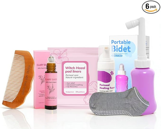 6 Pcs Labor & Postpartum Essentials Recovery Kit , Includes Labor Comb,Clary Sage Oil,Peri Bottle,24 Pad Liners, Perineal Soothing Foam,Socks,Hospital Bag Must Haves for New Mom