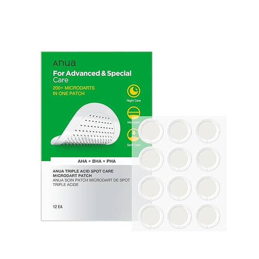 Anua Triple Acid Spot Care Microdart Patch, Early Stage Spot, 200+ Microdarts with AHA + BHA + PHA, Centella, Hydrocolloid Patch for Overnight, Non-Comedogenic, Korean Skincare (12 ea)