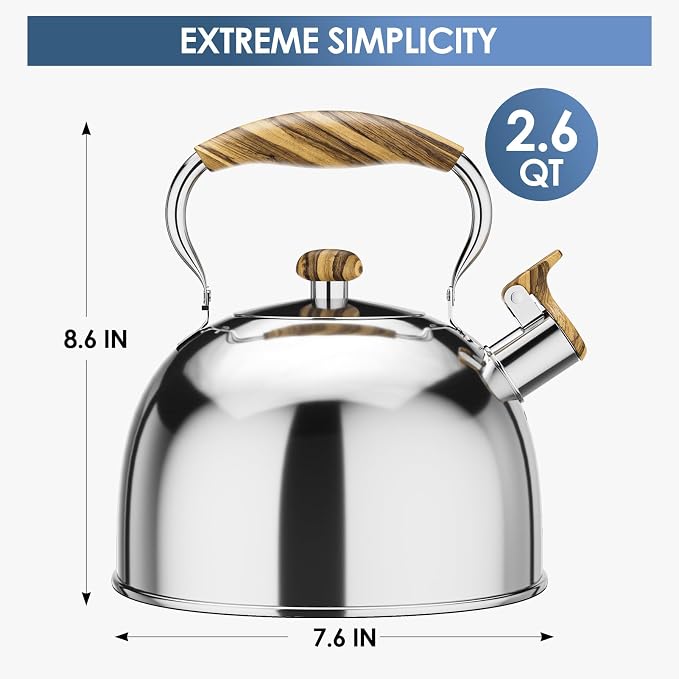2.6 Quart Whistling Tea Kettle for Stovetop, Silver | Food Grade Stainless Steel with Cool Wood Pattern Handle, Induction Compatible