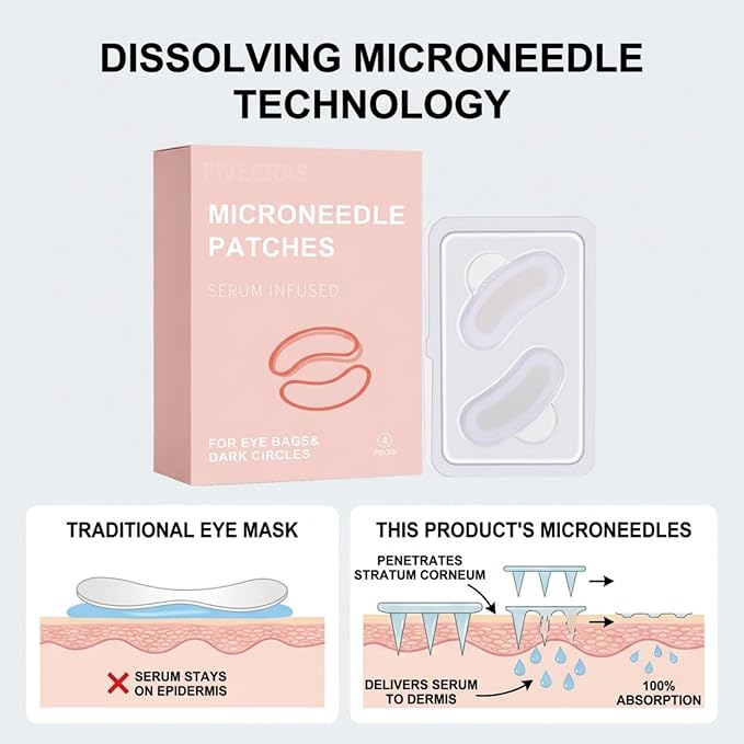 4 Pairs Micro Eye Patches, Under Eye Patches for Puffy Eyes & Dark Circles, Dissolving Micro-Dart Eye Patches with Hyaluronic Acid, Peptides & Vitamin C, Wrinkle & Smile Line Patches for Eye Care
