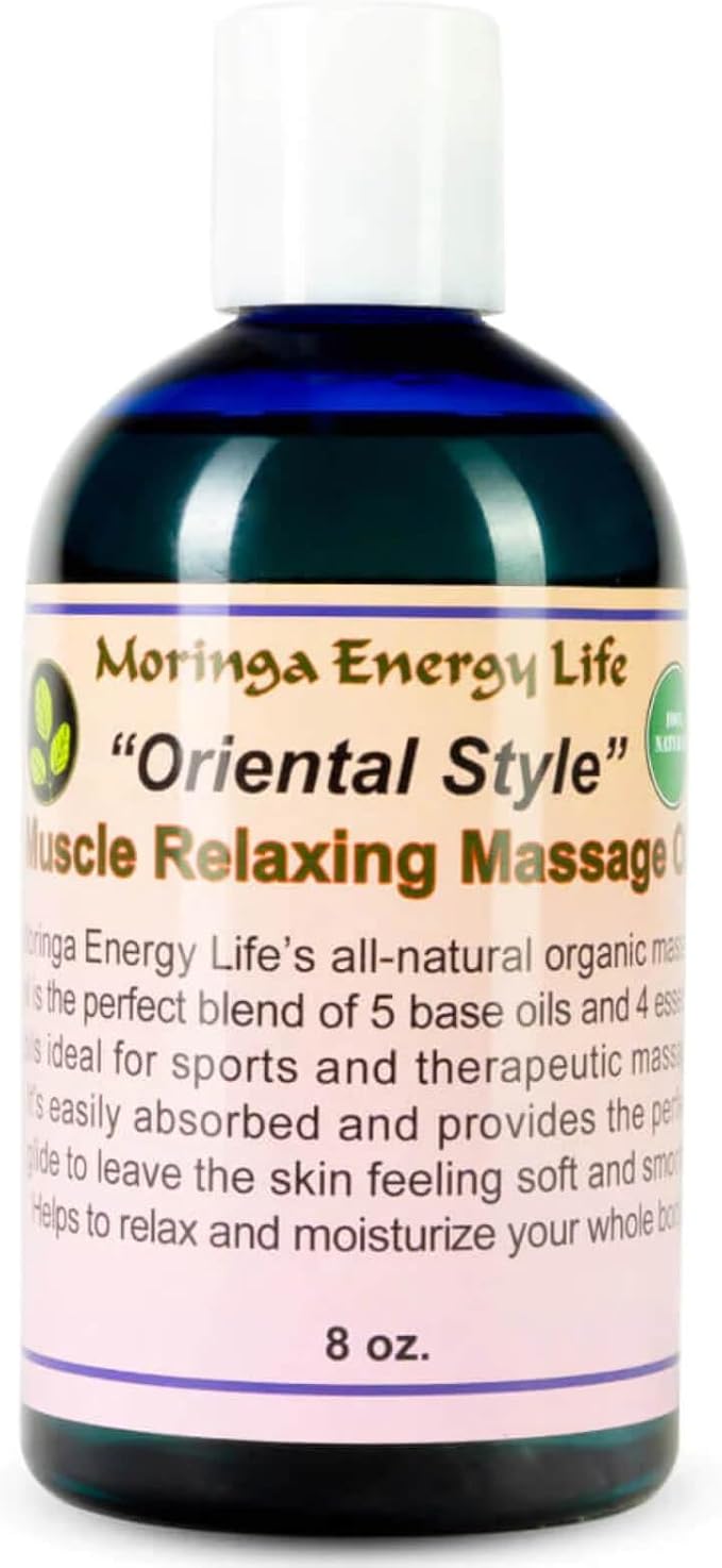 Moringa 'Oriental Style' Muscle Relaxing Massage Oil for Therapy, Date Night, Thai, Swiss, Asian, Sports Therapist for Massaging Sore Muscles, 8 oz Bottle