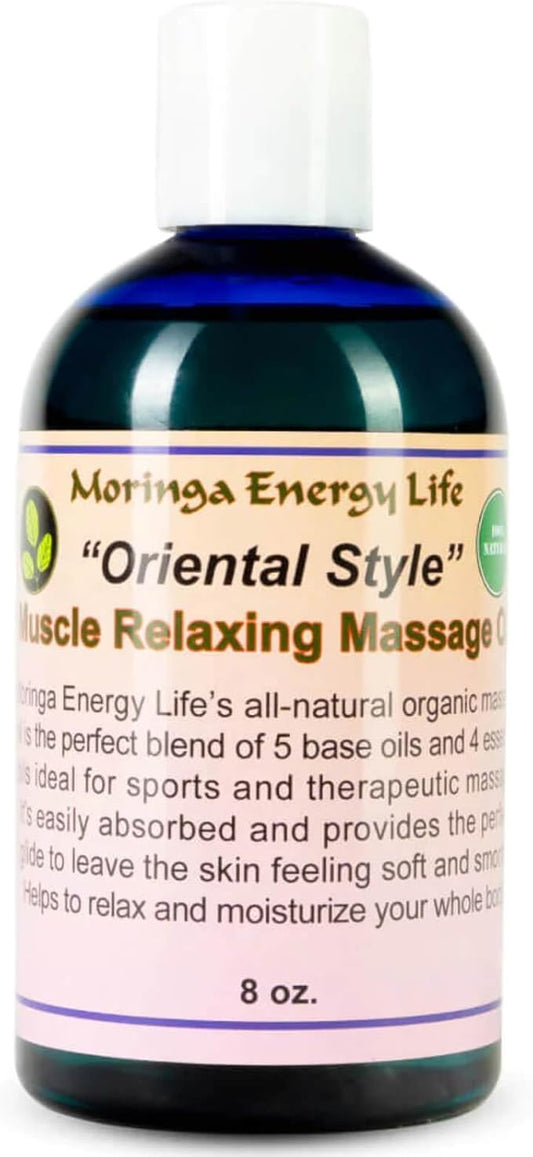 Moringa 'Oriental Style' Muscle Relaxing Massage Oil for Therapy, Date Night, Thai, Swiss, Asian, Sports Therapist for Massaging Sore Muscles, 8 oz Bottle