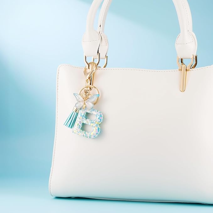 Fashion Alphabet Initial Letter Keychain Tassel Butterfly Pendant Key Ring for Purse Handbags Women Girl