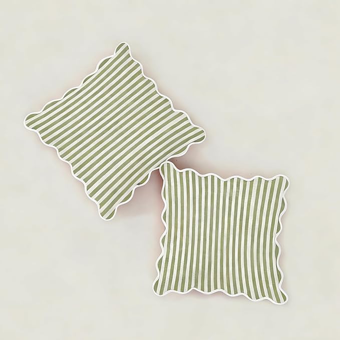 Scalloped Throw Pillow Covers | Decorative Couch Pillows | Cute Stripe Pillow Cases | Boho Sytle for Living Room (Green & White, 18x18 Inch)