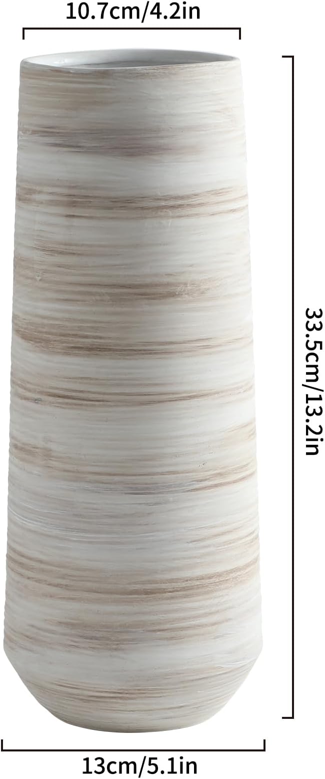 ALMA 13" White Tall Ceramic Vase, Modern Pampas Grass Vase Home Docer | Flower Vase with a Brown & Beige Finish, Boho Vase for Mantel, Tabletop, Bedroom, Shelf, Wedding & Housewarming Gift