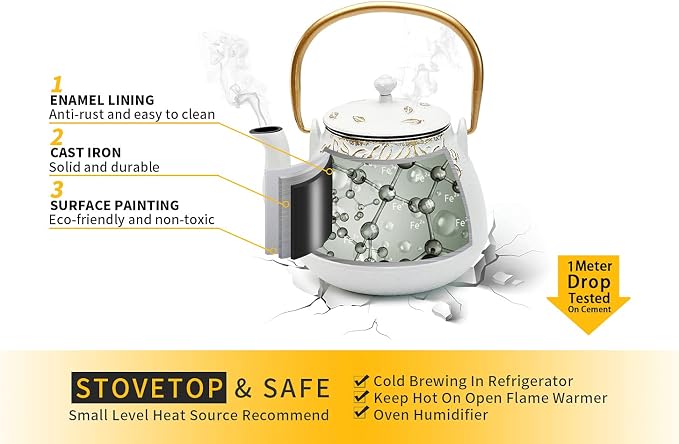 Tea Kettle, TOPTIER Japanese Cast Iron Teapot with Infuser for Loose Leaf and Tea Bags, Stovetop Safe Cast Iron Tea Kettle Coated with Enameled Interior for 40 oz (1200 ml), White