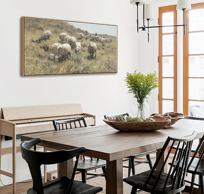 Farmhouse Framed Wall Art, Vintage Sheep on the Dunes Picture, 20x40 Inch | Classic Shepherd & Flock Canvas Painting, Large Country Animal Landscape Print, Rustic Artwork for Living Room Bedroom Decor