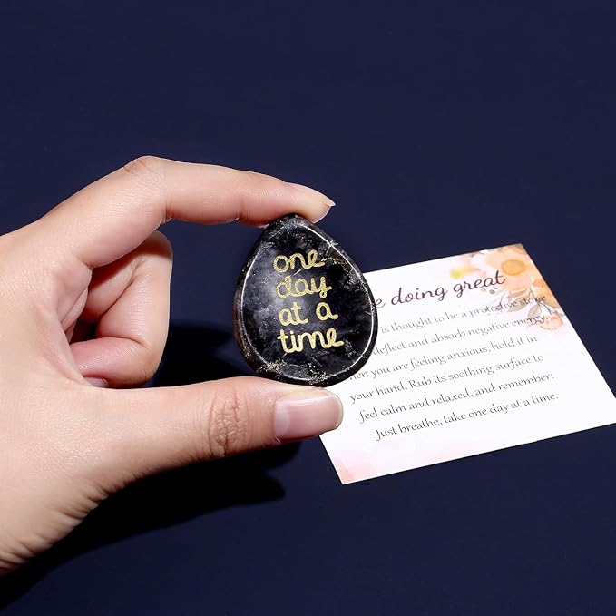 One Day at A Time Black Labradorite Thumb Worry Stone for Anxiety Crystals Hand Thumb Stones Pocket Thinking of You Gifts for women Inspirational Worry Stones for Stress Relief Sobriety Gifts for Her