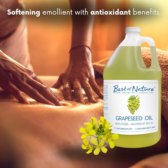 Best of Nature 100% Pure Grapeseed Massage & Body Oil, Unscented Lightweight Non-Greasy Moisturizer for Hair, Skin, Face, & Aromatherapy Carrier Oil for Essential Oils, 8 oz.