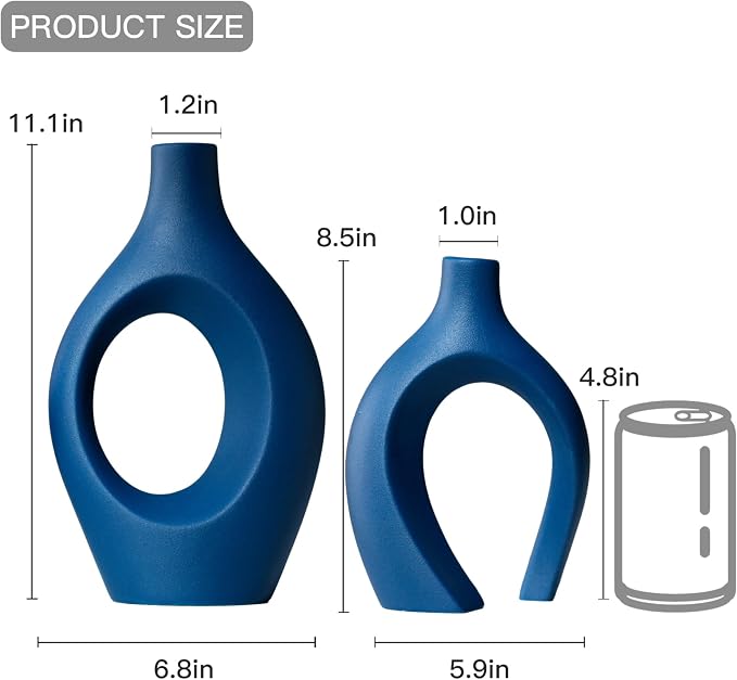 Snuggle Hollow Ceramic Vase Set of 2, 11 inch Modern Nordic Coastal Shaped Pampas Grass Aesthetic Decorative Table Vases for Living Room Shelf Home Decor (Matte Navy Blue -L)