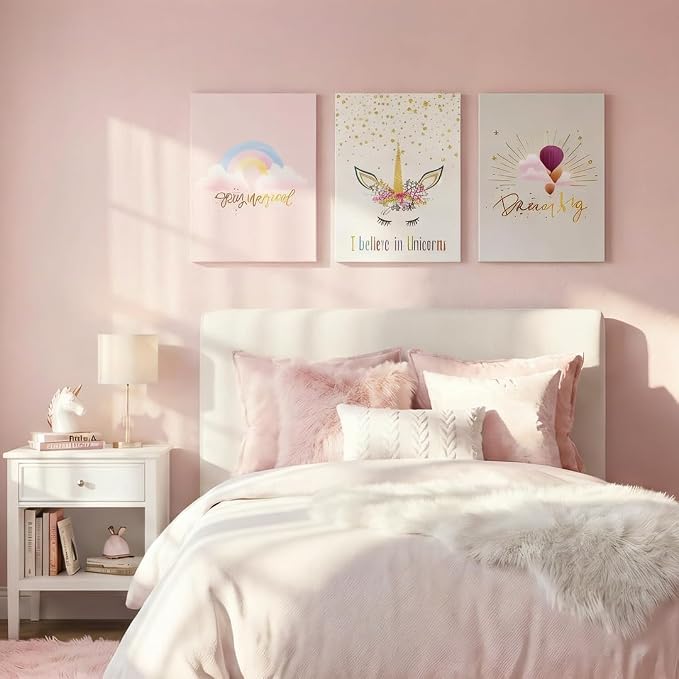 Chadow Artwork 3 Piece Girls Unicorn Canvas Wall Art Pastel Rainbow Hot Air Balloon Inspirational Nursery Decor Prints for Baby Girl Bedroom Playroom Nursery Bathroom Decor 12"x16"(30x40cm)