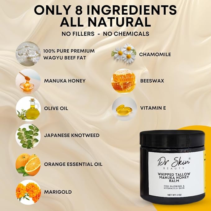 Whipped Beef Tallow and Manuka Honey Balm, 4oz, Orange scent, Grass Fed Grass Finished Organic Face Cream, Body Lotion, and Lip Balm for psoriasis, eczema and babies