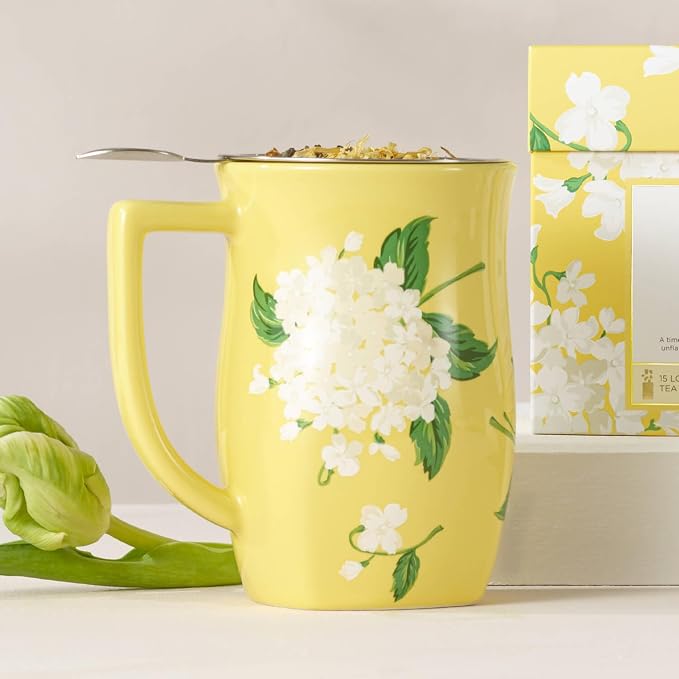 Tea Forte Ceramic Fiore Cup with Handle, Removeable Stainless Steel Infuser Basket and Lid, Steeps 14 oz Loose Leaf Tea, Dishwasher & Microwave Safe, Hydrangea