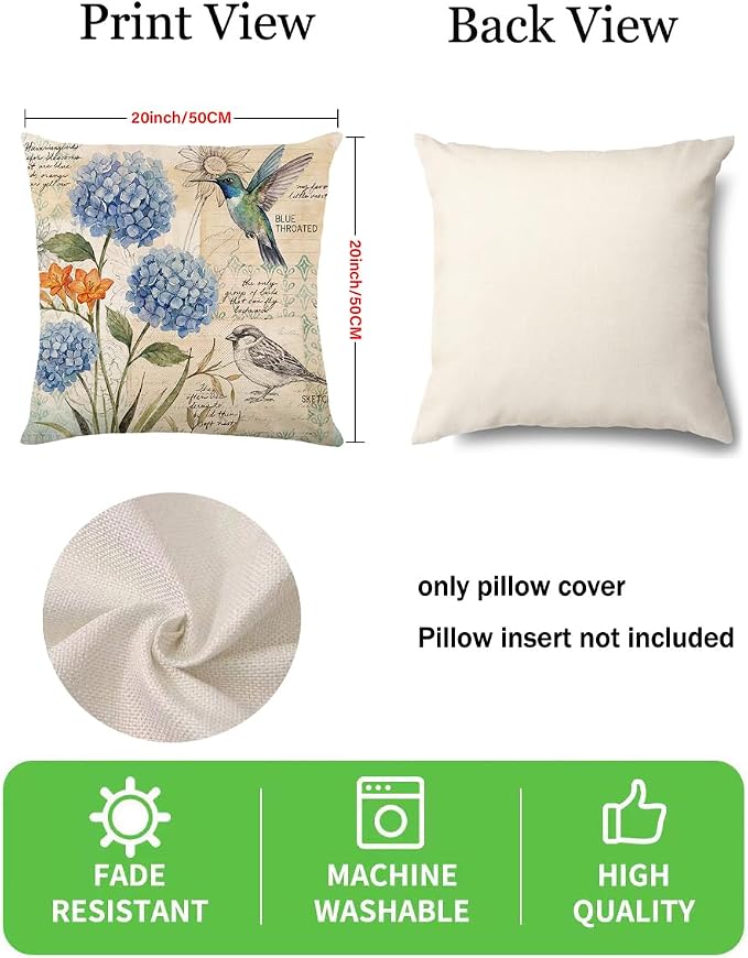 wyooxoo Farmhouse Pillow Covers 20x20 Set of 4 Spring Summer Throw Pillow Covers Linen Flower Butterfly Bird Decorative Pillowcases for Sofa Couch Living Room Outdoor