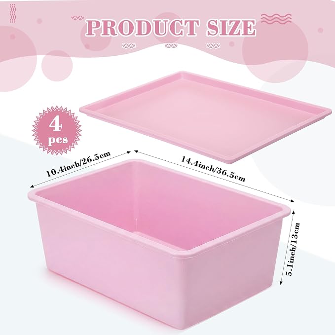 4 Pcs Storage Bins with Lids Plastic Stackable Containers for Classroom Room Organizing Shelves Christmas Ornament Box Baskets(Dark Pink, Light Pink,Large)