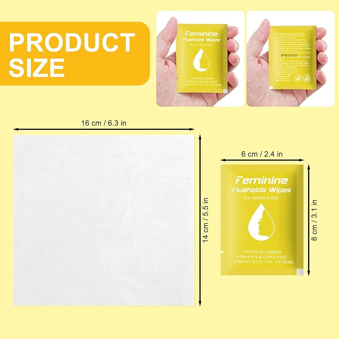 twoworld 50 Feminine Wipes Flushable Travel Individually Wrapped | Travel Wipes for Women,Feminine Care Wet Wipes Travel Size Vaginal Wipes for Adult,Girl and Homeless(Lemon)