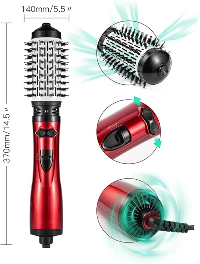 3-in-1 Hot Air Styler & Rotating Hair Dryer Brush with 2 Interchangeable Brushes | Anti-Frizz Ionic Technology for Straightening, Drying & Curling | 3 Heat Settings & 360° Rotation (Red)