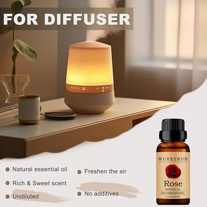 Rose Essential Oils 10ML, 100% Pure and Natural Essential Oil for Aromatherapy Diffuser - 0.33 Fl Oz/Rose